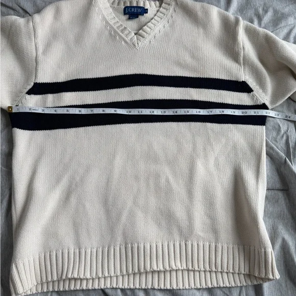 VTG J. Crew Men's Knit Sweater M 100% Cotton White Stripe V Neck USA Made Preppy